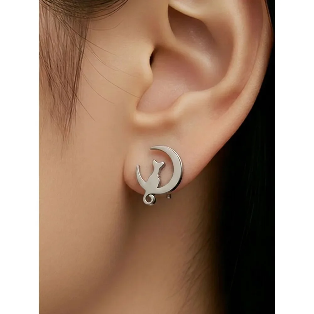 Crescent Moon Cat Stud Earrings Dainty Celestial Silver Stainless Steel Dreamy